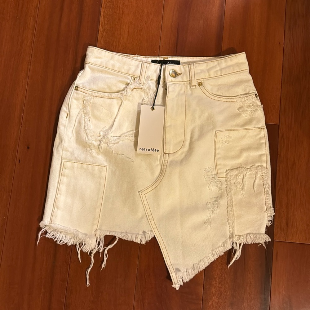 Retrofete Irene Patchwork Asymmetric White Denim Skirt